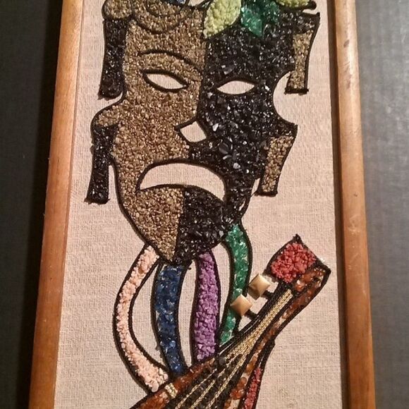 2 Vintage GRAVEL Pebble Art Pictures Mid Century COMEDY TRAGEDY MASKS 24 x 8 3/4 - Picture 2 of 5